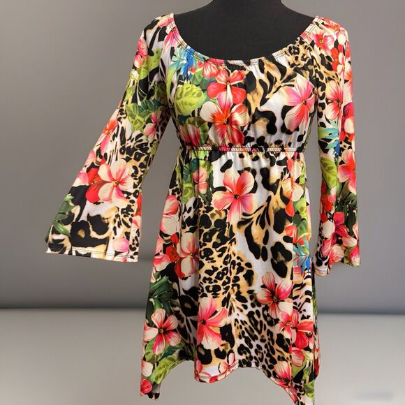 Slinky Brand Tops - Slinky Brand Blouse XS Womens Floral Leopard Print Babydoll Top Asymmetrical Hem